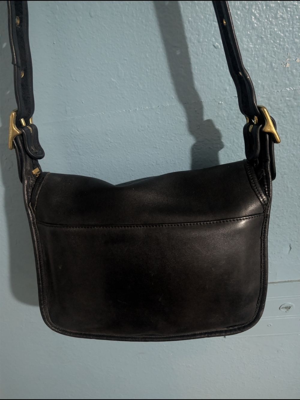 Coach Classic Black Leather Shoulder Bag with Brass Accents
